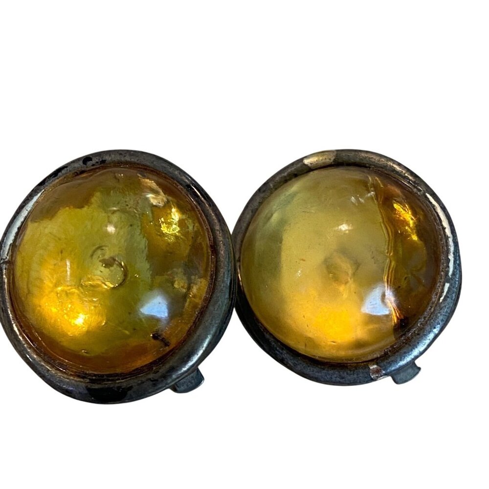 Vintage Clip-On Earrings With Amber Glass Stones & Silver-Tone Metal